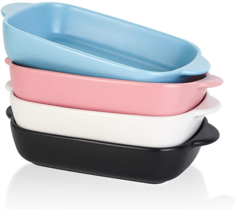 7.5'' x 5'' Ceramic Individual Baking Dish, Small Rectangular Casserole Pasta Bakeware Dishes with Handles, Oven and Microwave Safe, Set of 4, Assorted Colors
