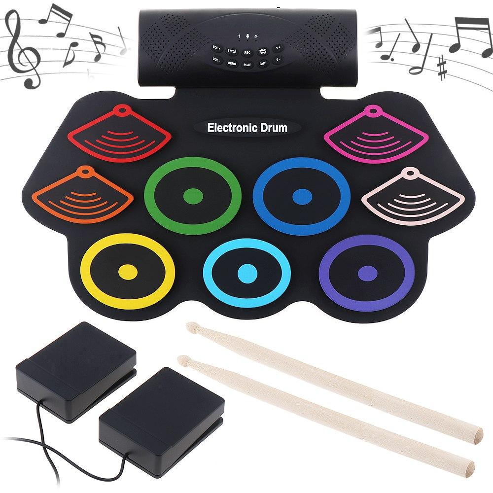 ชุดกลองอิเล็กทรอนิกส์หลากสีแบบพกพามีลำโพงในตัวพร้อมรองรับ แป้นเหยียบเท้า  Colorful Portable Roll Up Electronic Drum Set 9 Silicon Pads Built-in Speakers with Drumsticks Foot Pedals Support USB MIDI