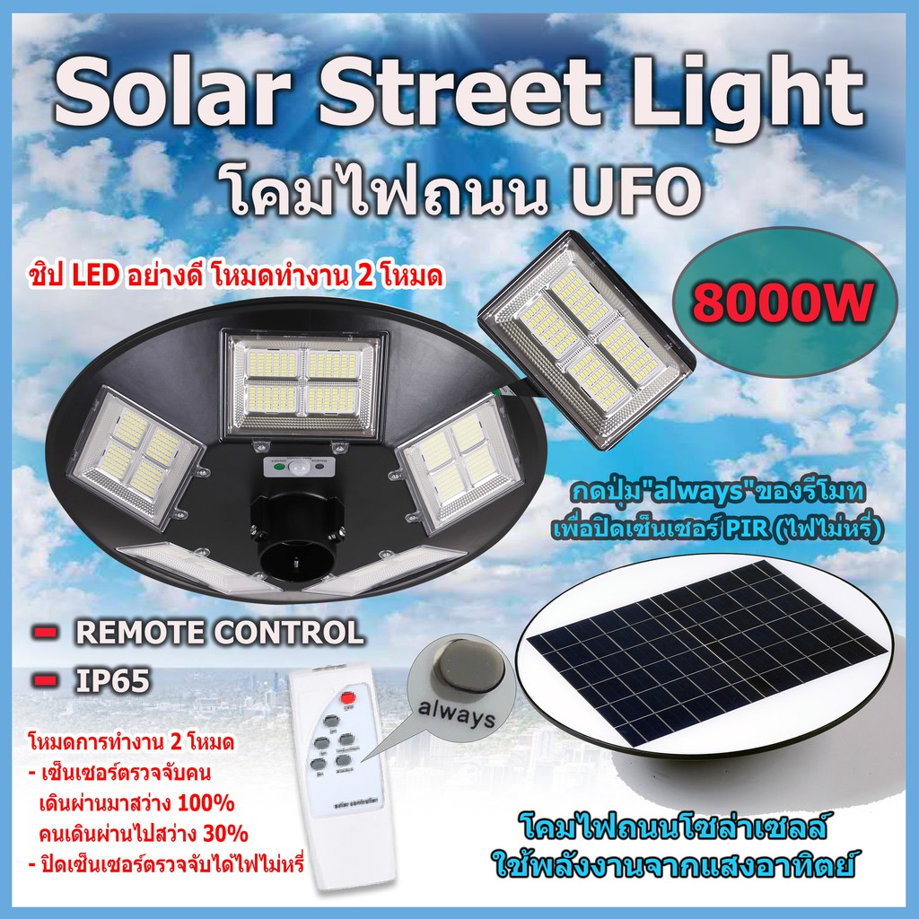 🚔ราคาพิเศษ+ส่งฟรี 💒ไฟโซล่าเซลล์ UFO 900W - 8000W Solar LIGHT แสงขาว/เหลือง ไม่รวมเสา โคมไฟ หลายทิศทาง โคมไฟถนน  พลังงานแสงอาทิตย์**UFO 1500W 2โหมด,แสงขาว6500K 💒 มีเก็บปลายทาง