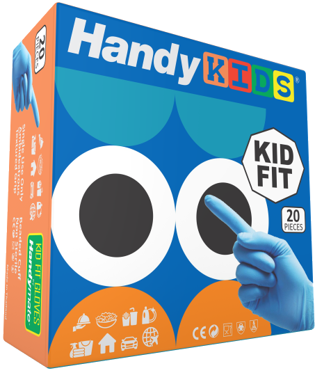 HandyKIDS ถุงมือเด็ก ฟรีเมี่ยมเกรด ถุงมือไนไตรสีฟ้า ใช้แล้วทิ้ง (KID FIT SIZE)