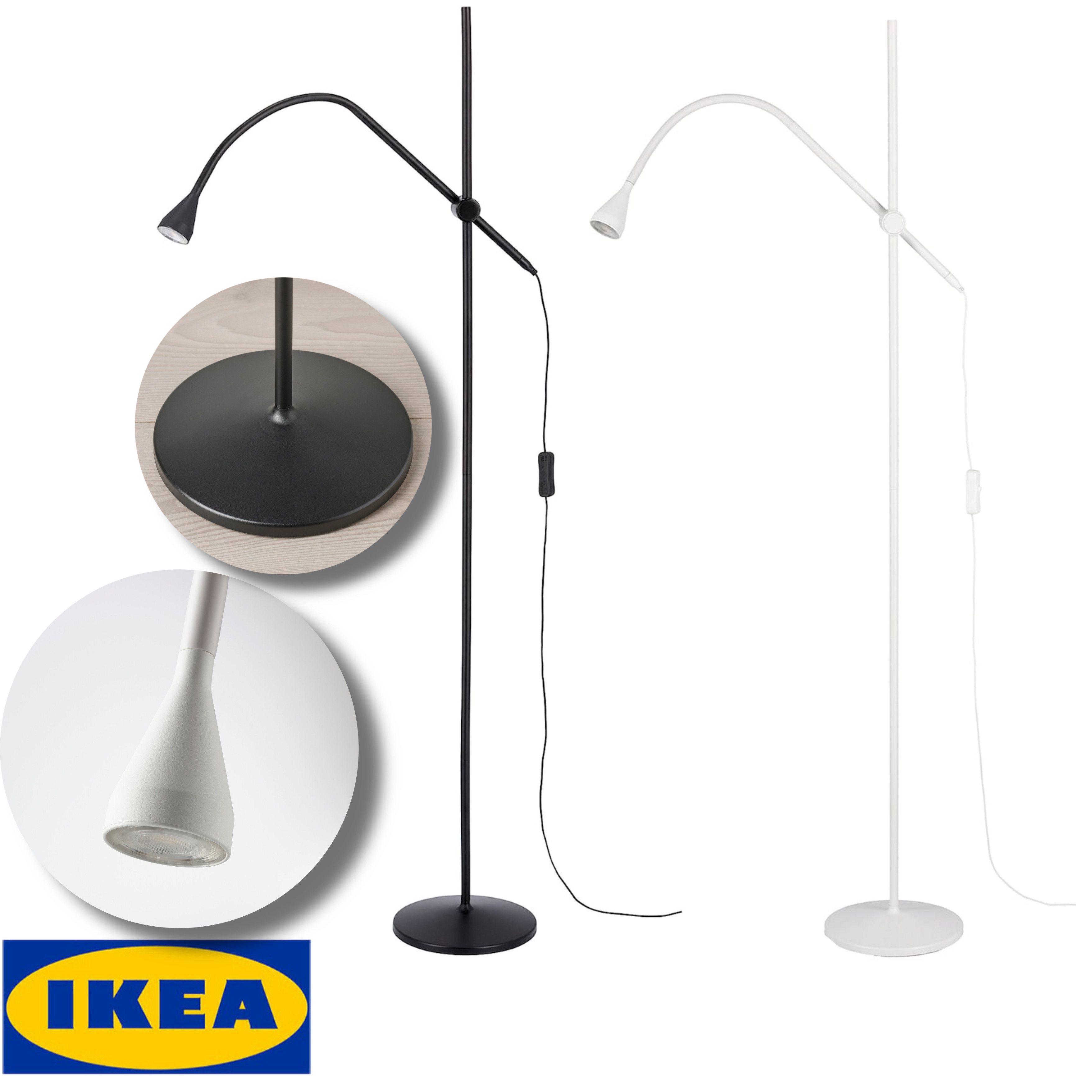 IKEA Sale NÄVLINGE แนฟลิงเง โคมไฟตั้งพื้น/อ่านหนังสือ LED, ขาว,ดำ ความสูง:147 ซม.