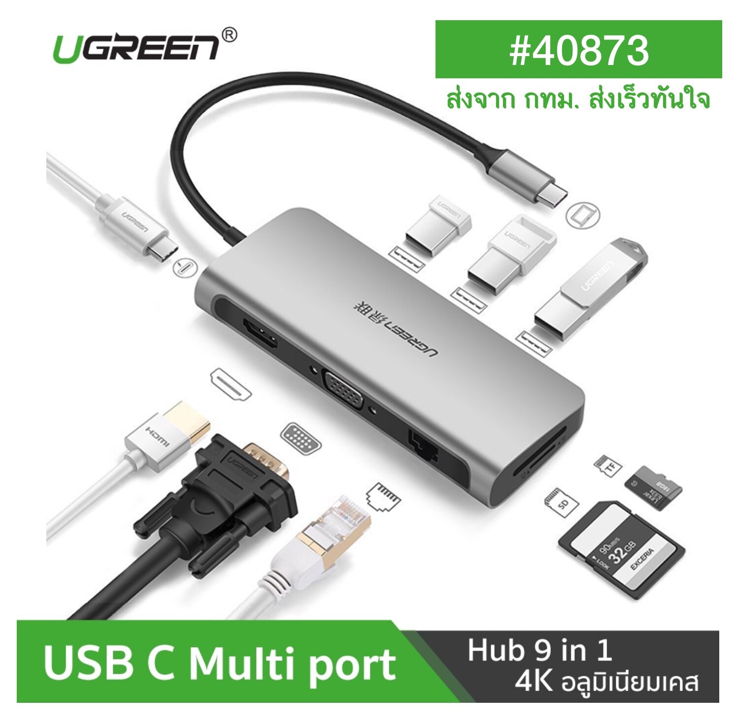 [ของแท้ ส่งเร็วจาก กทม]UGREEN 40873 USBC Hub 9in 1 ตัวแปลง TYPEC เป็น HDMI 4K VGA 1080p Card Reader SD/TF 1GbpsLAN ยูกรีน40873