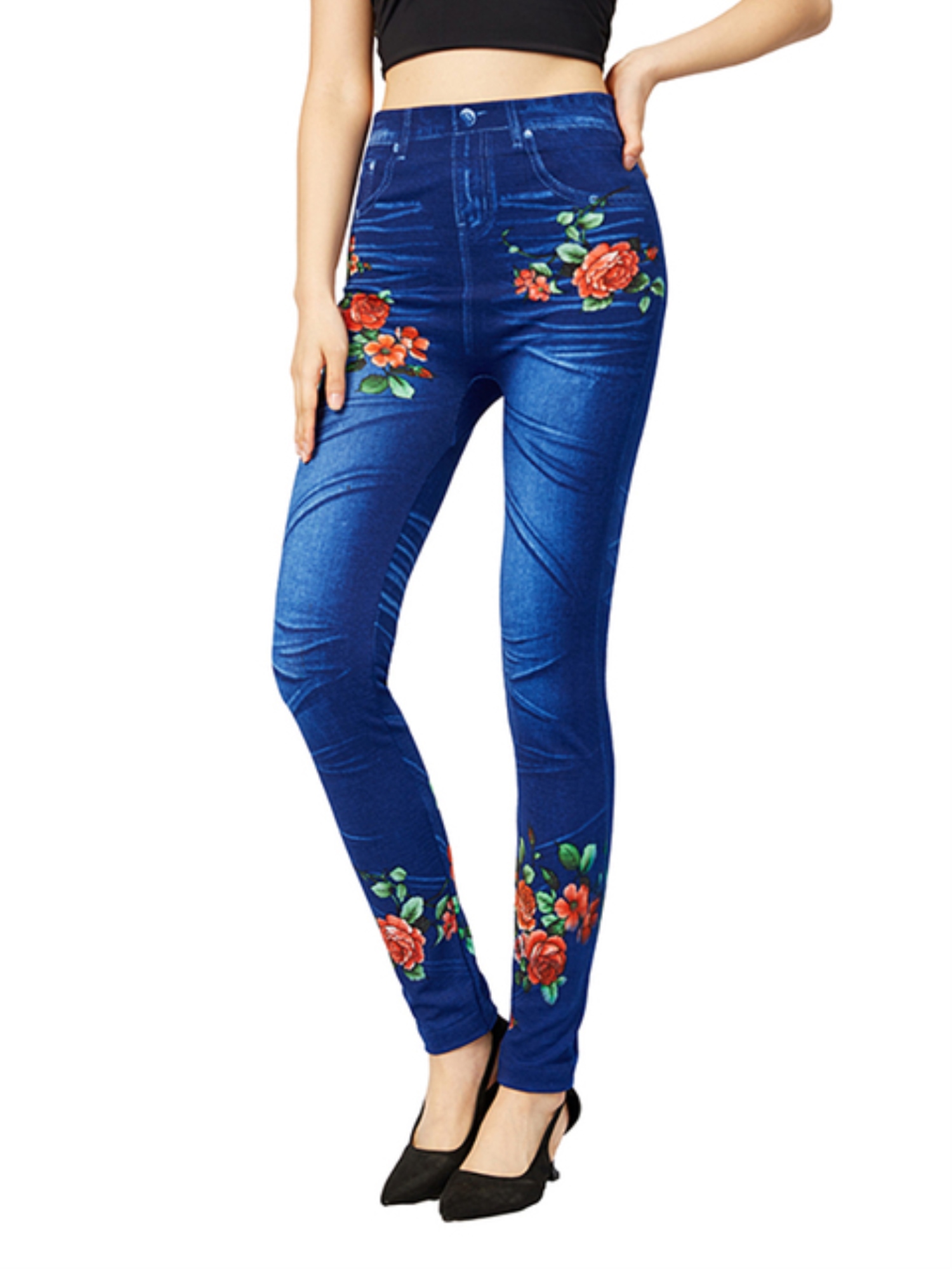 COD] CUHAKCI New Faux Jeans Floral Printing Leggings Pants Size Elastic  False Denim Jeggings