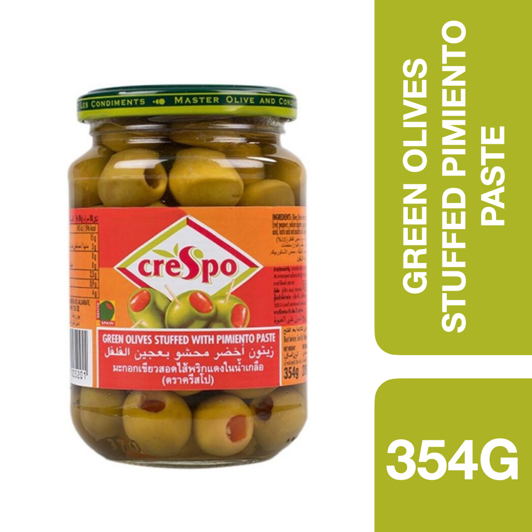 Crespo Green Olives Stuffed with Pimiento Paste 354g ++ คริสโป มะกอกเขียวสอดไส้พริกเผา 354g