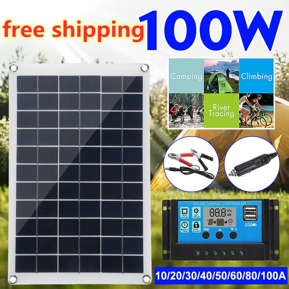 [จัดส่งฟรี]100W 12Vแผงพลังงานแสงอาทิตย์ + 10-100Aตัวควบคุมแอลซีดีชุดหรือรถตู้คาราวานเรือRVรถ/แคมป์/กลางแจ้งกิจกรรมChargerตัวหนีบปากจระเข้