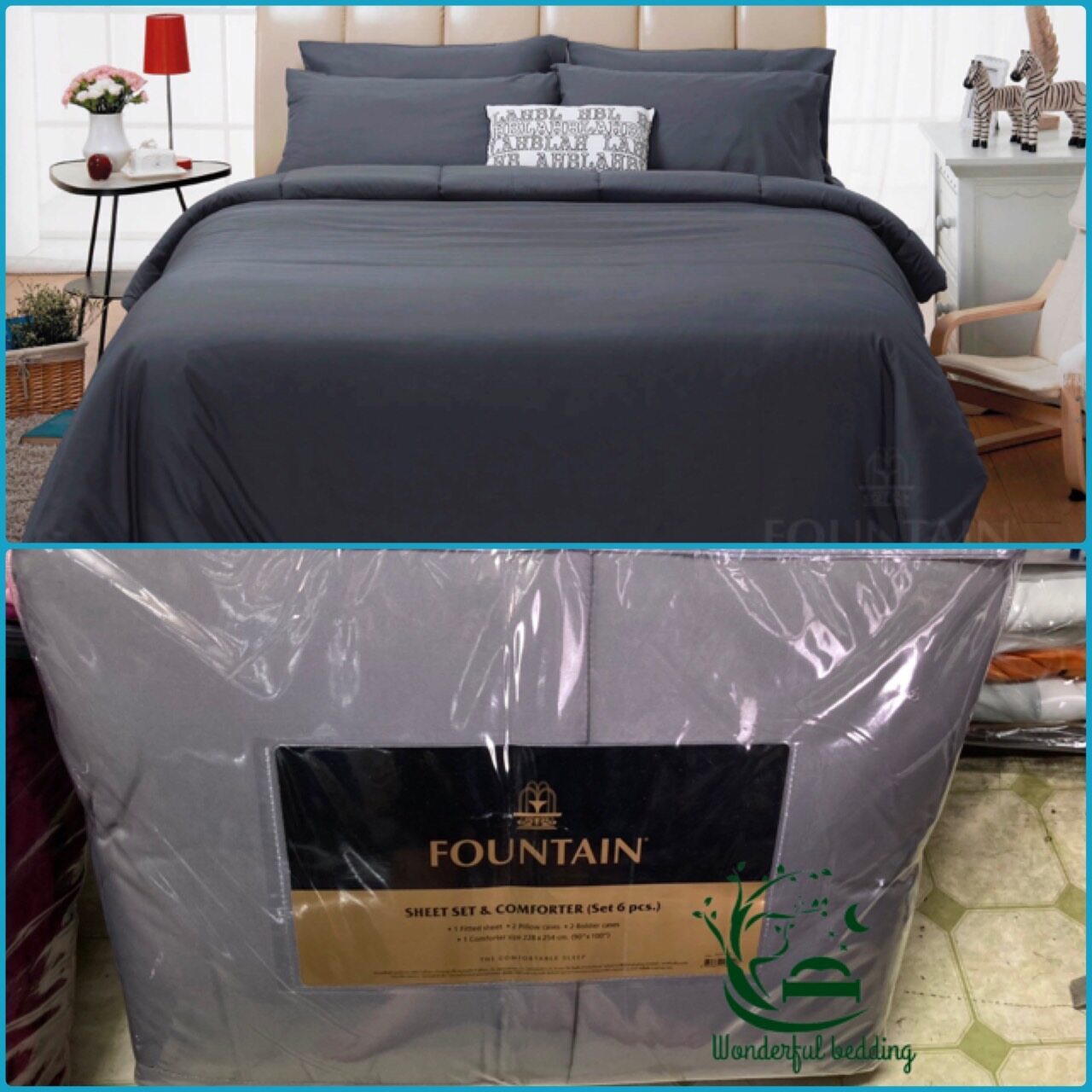 FOUNTAIN ผ้านวม + ชุดผ้าปู ผ้าปู ที่นอน แท้ 100% FTC สีพื้น เขียว Green Gray เทา ขนาด 3.5 5 6ฟุต ชุดเครื่องนอน ผ้านวม ผ้าปูที่นอน wonderful bedding  สี → Grayขนาดสินค้า 5 ฟุต