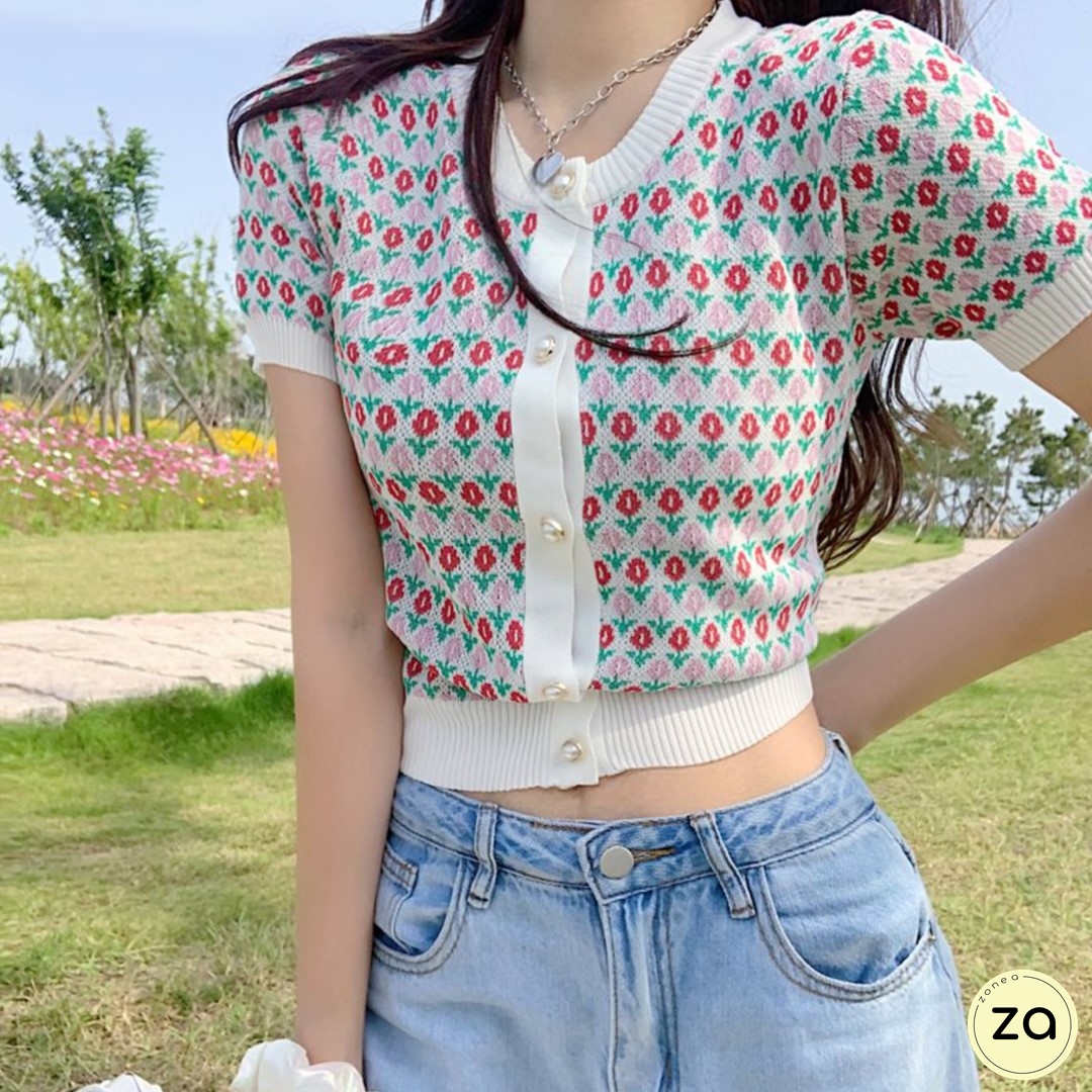 HOT SALE เสื้อไหมพรมลายดอกไม้ กระดุมมุก แขนสั้นคอวี - Zone A Fashion ...