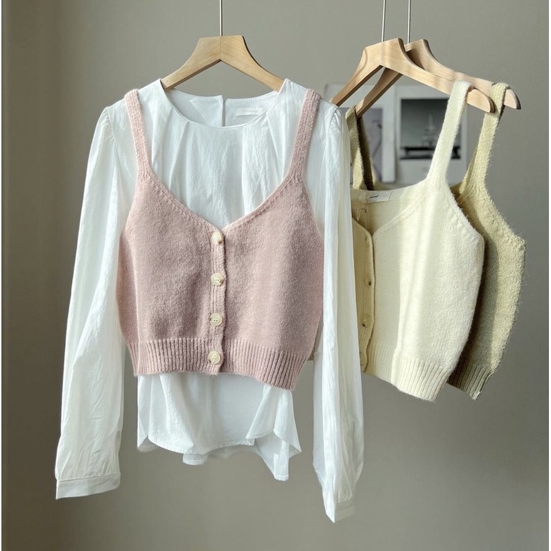(พร้อมส่ง) เสื้อสายเดี่ยวไหมพรมมีกระดุมหน้า - Littlegirlcloth - ThaiPick