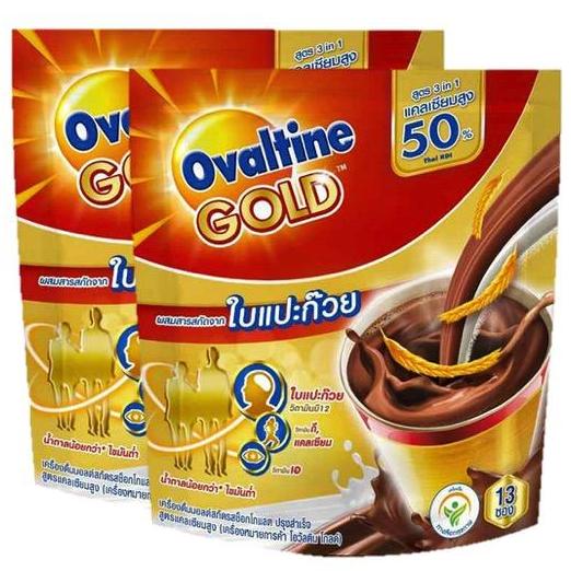 Ovaltine 3in1 GOLD with Ginkgo โอวัลติน 3in1โกลด์ ผสมสารสกัดจาก ใบแปะก๊วย น้ำตาลน้อยกว่า* สำหรับผู้ใหญ่วัย 50 ขึ้นไป  x 13ซอง (2แพค)