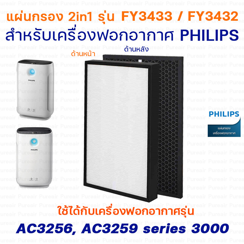 Philips แผ่นกรองอากาศ FY3433/20,แผ่นกรองกลิ่น FY3432/20 สำหรับ เครื่องฟอกอากาศ รุ่น Philips Series 3000i รุ่น AC3256, AC3259 (แผ่นกรองเครื่องฟอกอากาศ HEPA, Carbon, 2in1 )
