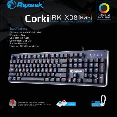 คีย์บอร์ดสำหรับเล่นเกมส์ RK-X08 RAZEAK CORKI Blue Mechanical Gaming คีย์บอร์ดสำหรับเล่นเกมส์ RK-X08 RAZEAK CORKI Blue Mechanical Gaming