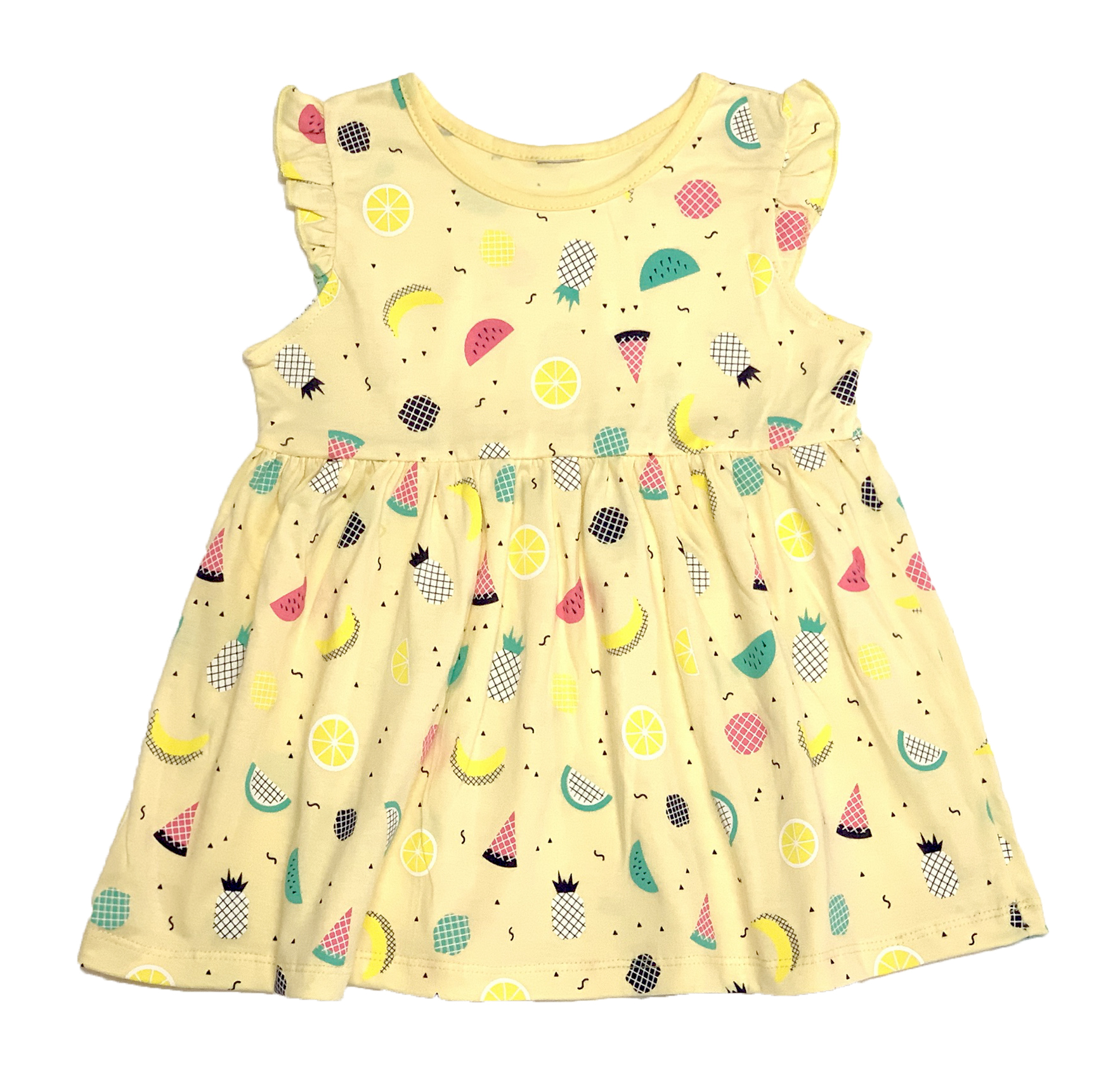 เดรสเด็กหญิงผ้ายืดพิมพ์ลาย fruity ทั้งตัวน่ารักมาก ใส่สบาย ผ้า cotton สีเหลือง  (DG210030)