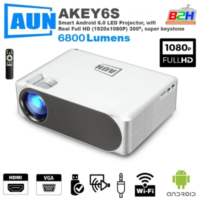 AUN โปรเจคเตอร์ Full HD AKEY6S Projector 1920X1080P Home Cinema (Android 6.0 WIFI) HDMI VGA สำหรับ GYM 4K Video เมนูภาษาไทย