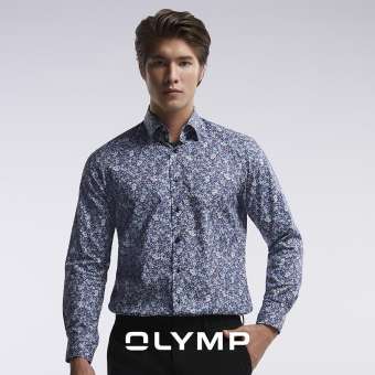 OLYMP เสื้อเชิ้ตแขนยาว ทรง Modern Fit สีน้ำเงิน พิมพ์ลายดอกไม้ มีกระดุมใต้ปก