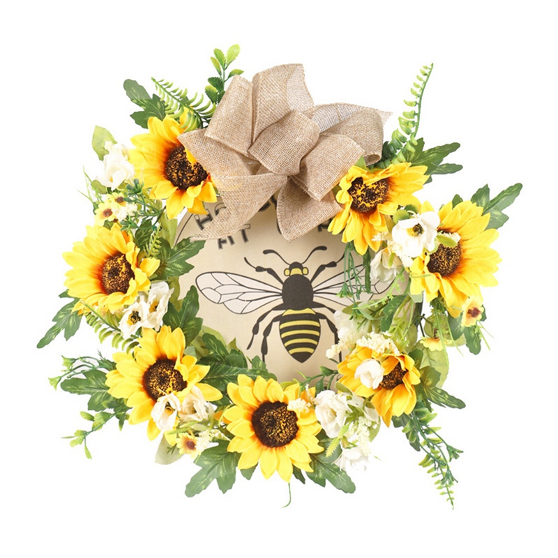 Artificial Bee Sunflower Wreath Spring Summer Wreath for Front Door Wall Window Wedding Party Farmhouse Home Decor