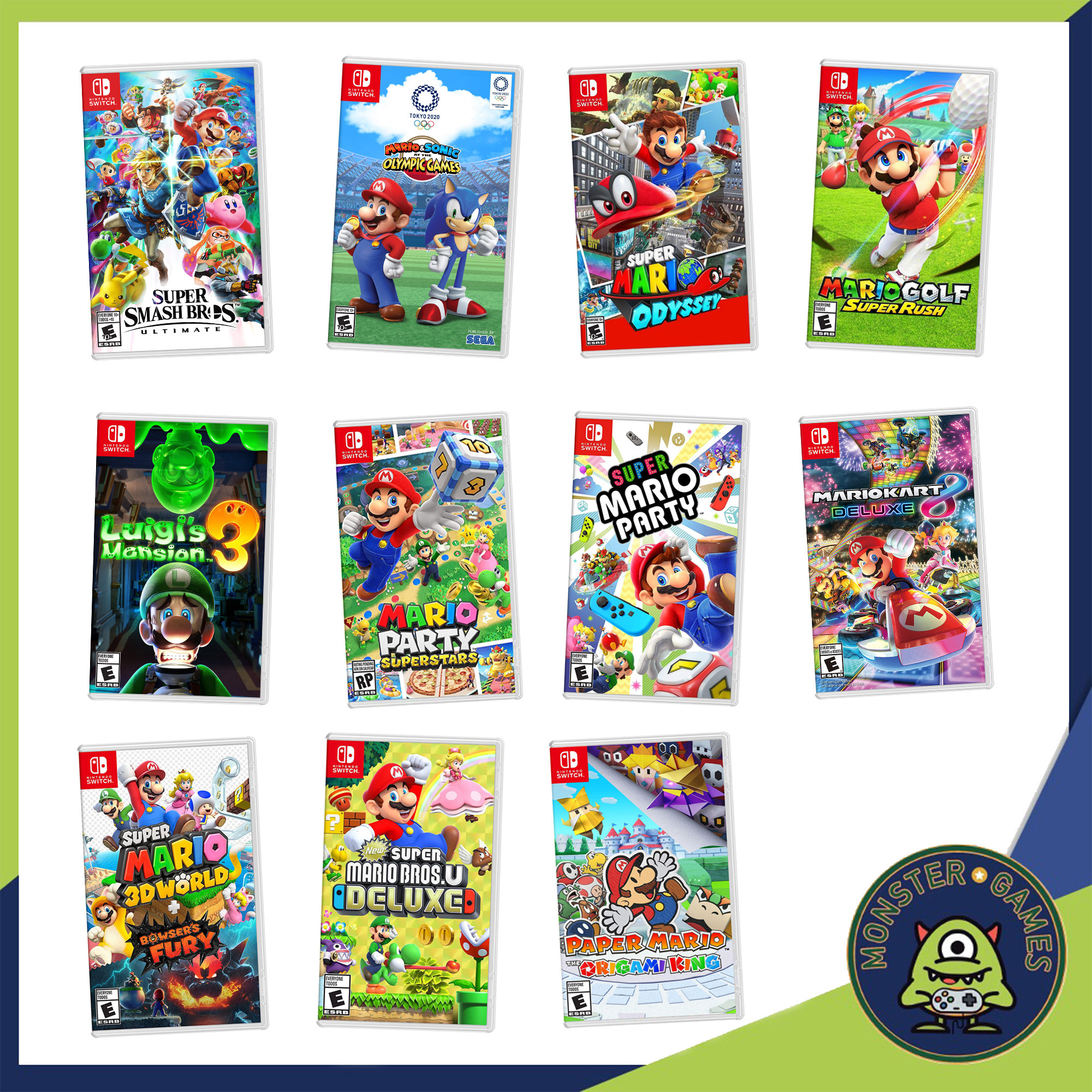 Super Smash Bros , Mario and Sonic Olympic , Mario Odyssey , Mario Golf , Luigi 3 , Mario Party Superstars , Mario Party , Mario Kart 8 , Mario Bros U , Mario 3D World , Mario Paper Nintendo Switch Game แผ่นแท้มือ1!!!!! รวมเกมส์