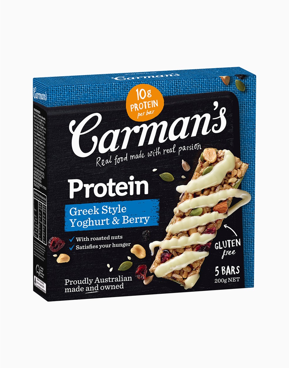 Carman's Protein Bar Greek Style Yoghurt & Berry (Australia Imported) x5 Bars คาร์แมน โปรตีนชนิดแท่ง รสกรีกโยเกิร์ตและเบอร์รี่ x5แท่ง