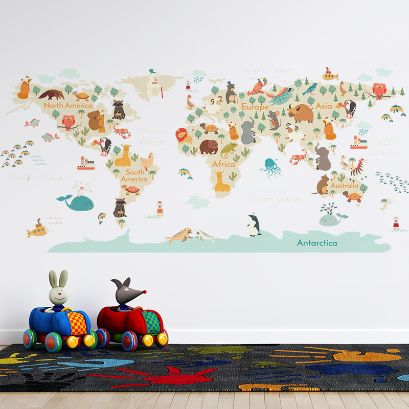 Cartoon Animals Map Wall Stickers for Kids room Bedroom Kindergarten ...