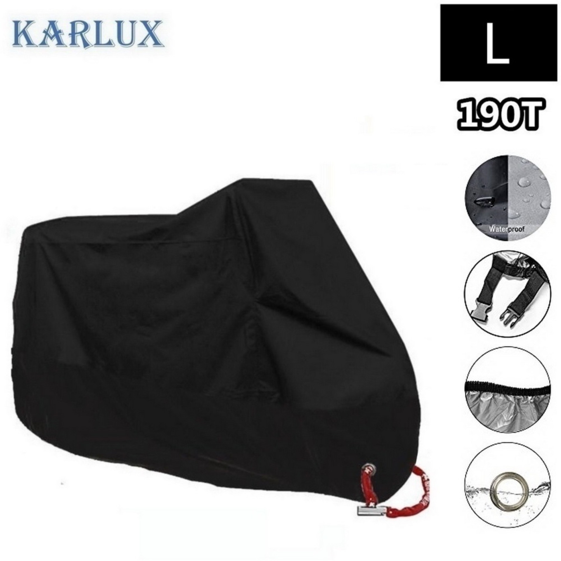 Karlux Large ผ้าคลุมรถมอเตอร์ไซค์ บิ๊กไบค์ จักยาน กันน้ำ กันแดด กันฝุ่น สีดำ Black Motorbike Waterproof Cover Protector Case Cover Rain Protection Breathable