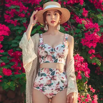 2019 M-XL ผู้หญิงดอกไม้ฤดูร้อนพิมพ์แยกชุดว่ายน้ำเอวสูงสายฟรีบิกินี่ชุด 9942#