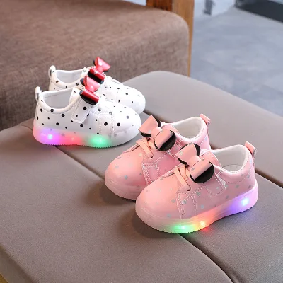 Kids Shoes 2021 New Led Princess Bow Board Shoes for Girl Student Shoes Fashion Soft Soles 1-3-6 Years Old