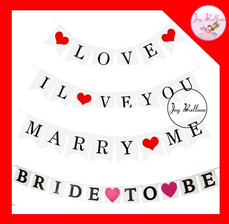 ป้ายธง Marry Me, I Love You, Bride to be พร้อมเชือกร้อย สินค้าทำจากกระดาษแข็ง ใช้สำหรับตกแต่งงานขอแต่งงาน บอกรัก งานเลี้ยงสละโสด