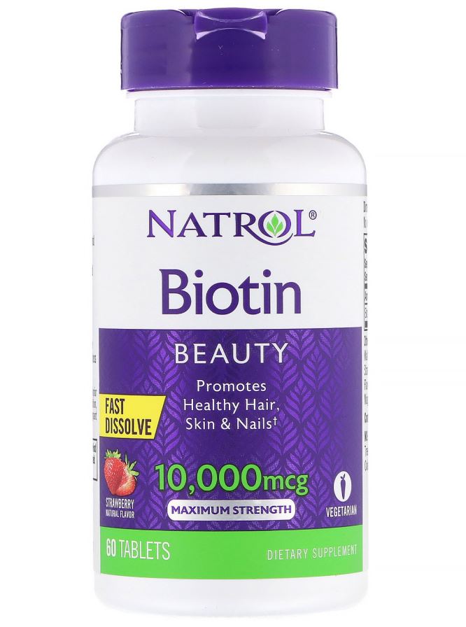 Exp2022 [แบบอม] Natrol Biotin Maximum Strength Strawberry 10,000 mcg อาหารเสริมสำหรับผม เล็บ 60 เม็ด