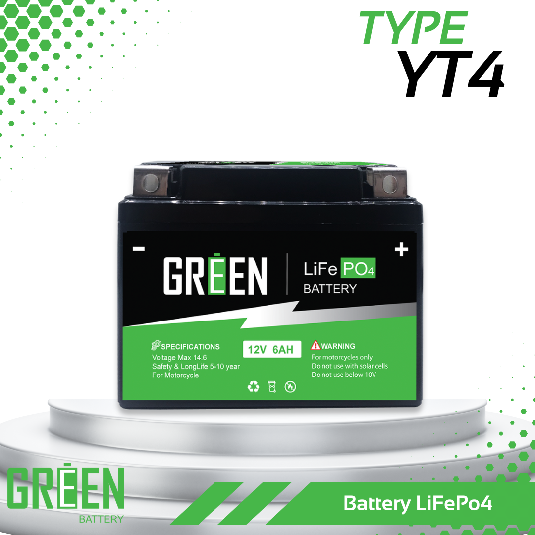 YT4 (12V 6Ah) แบตเตอรี่มอเตอร์ไซค์ LiFePo4 แบตเตอรี่ลิเธียมฟอสเฟต Green