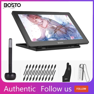BOSTO 16HD 15.6 Inch IPS Graphics Drawing Tablet Display Monitor 1920 x 1080 High Resolution 8192 Pressure Level with Rechargeable Stylus Pen/ 20pcs Pen Nips/ 16GB USB Disk/ Glove/ Cleaning Cloth/ Adjustable Stand