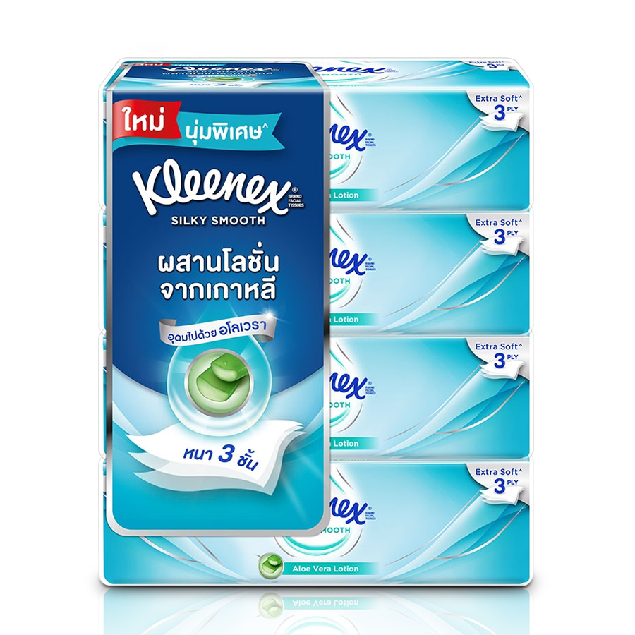 Kleenex กระดาษทิชชู่เช็ดหน้า กระดาษทิชชู่ Silky smooth แพ็ค4ห่อ 70แผ่น หนา3ชั้น ผสมอโลเวร่า ผสาน