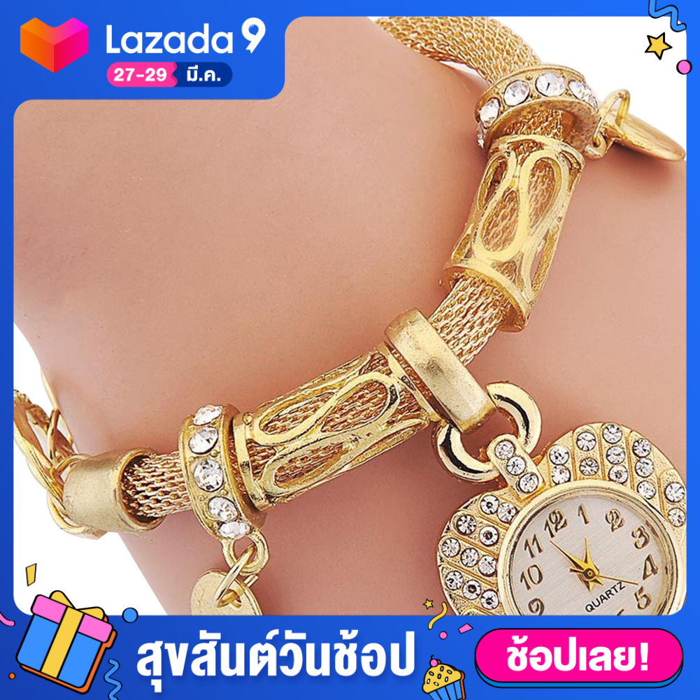 POH Jewelry Fashion Womens Love Heart Bracelet Watch Charm Band Analog Quartz Wrist Watch กำไลข้อมือทอง hpz