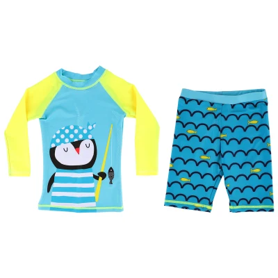 Boy Long Sleeve Swimming Sunsuit Rash Guard Swimsuits(Blue Penguin Pattern)