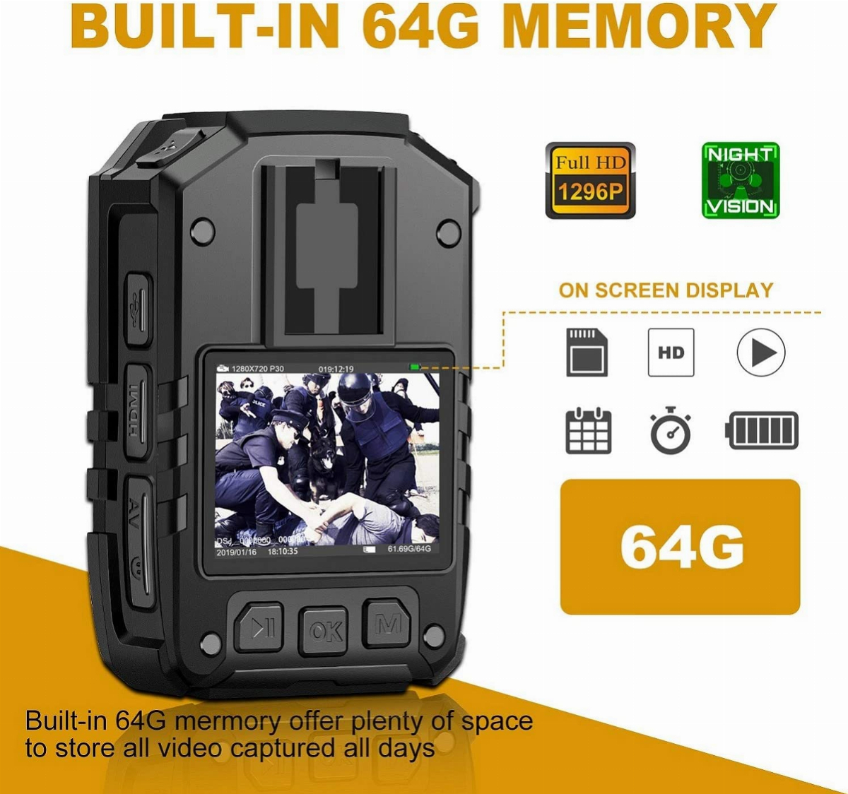 CammPro I826 1296P HD Police Body Camera64G MemoryWaterproof Body Worn ...