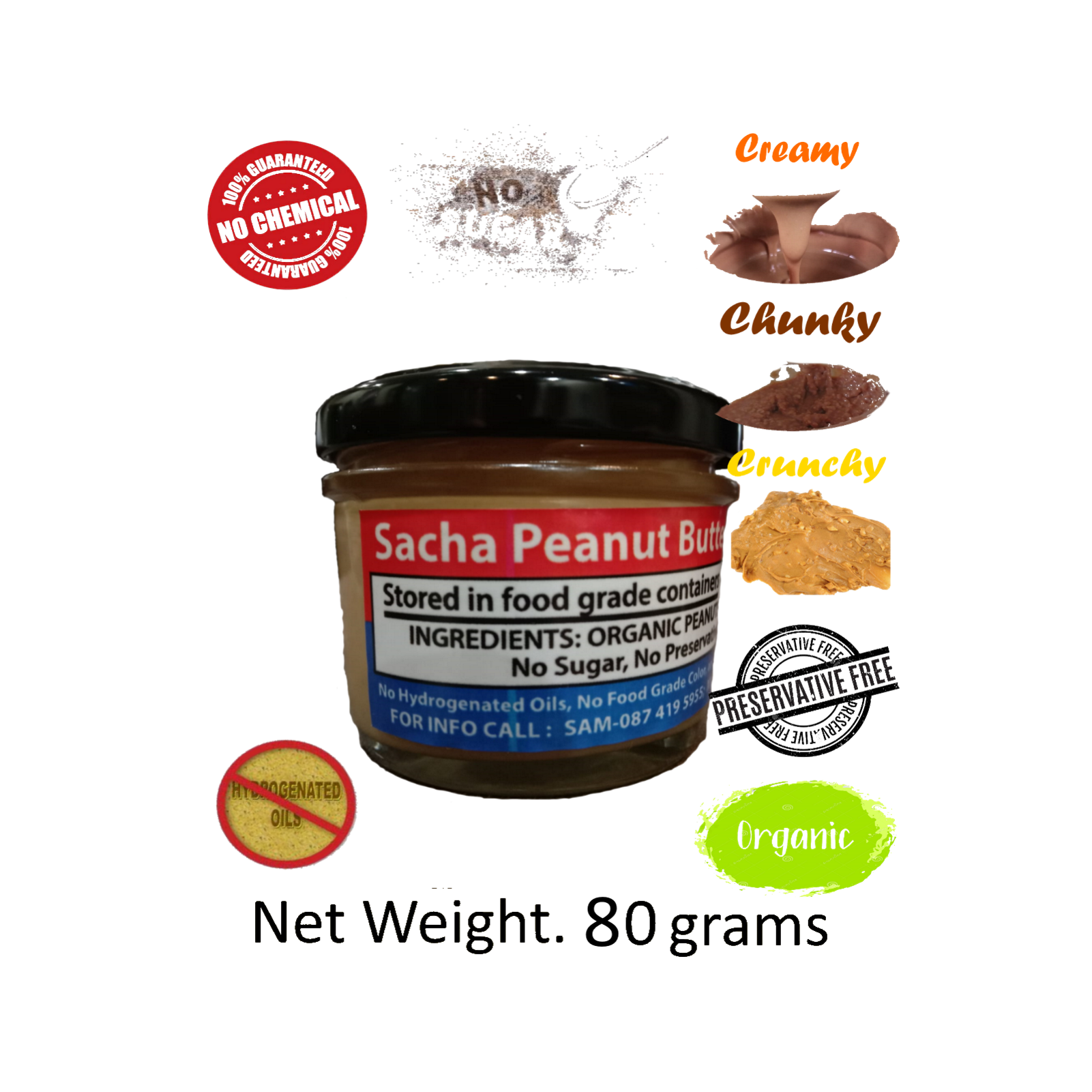 Sacha Peanut Butter (Creamy / Chunky / Crunchy) All Natural Organic (80 grams) - Free Delivery, ซาช่า-เนยถั่ว (ส่งฟรี)