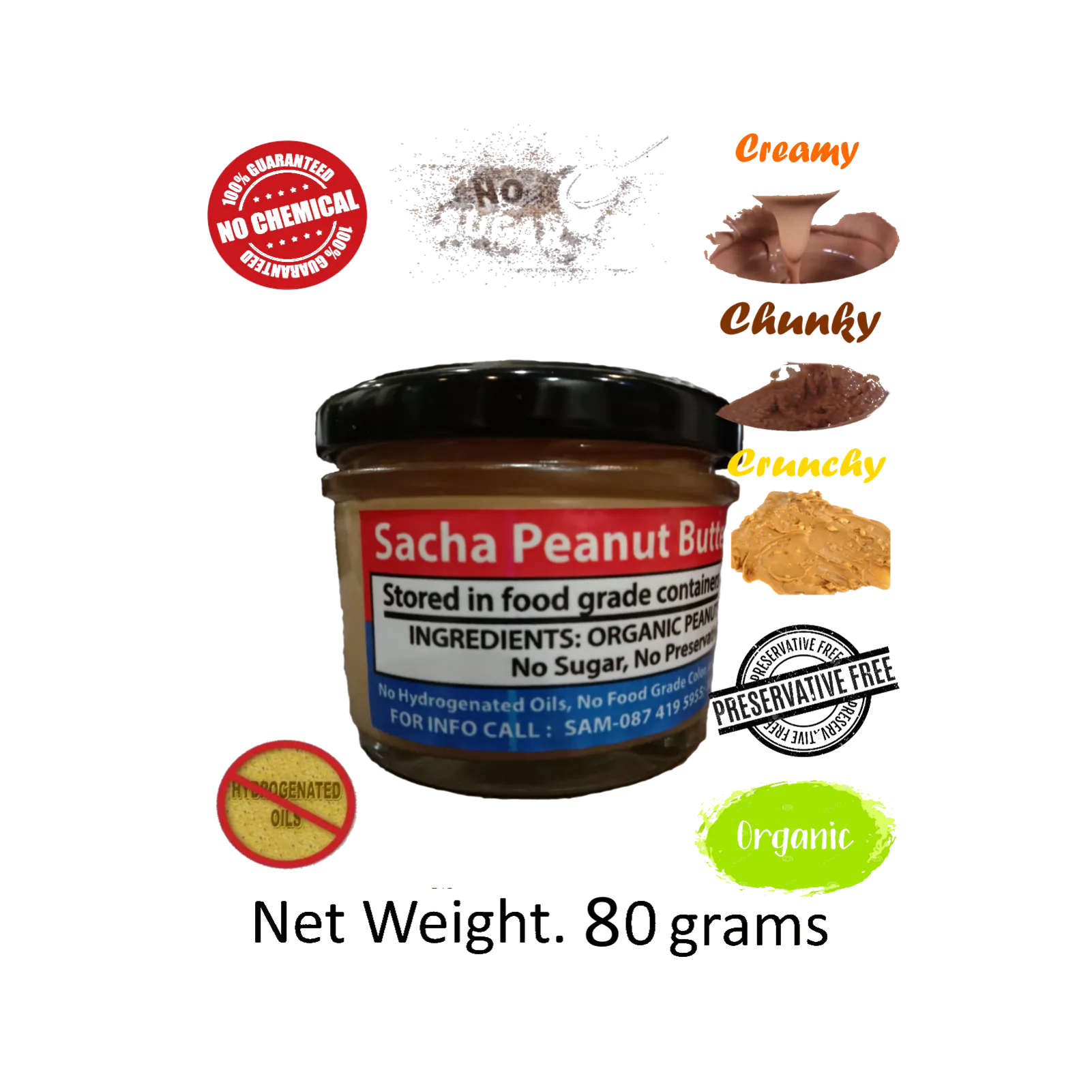 Sacha Peanut Butter (Creamy / Chunky / Crunchy) All Natural Organic (80 grams) - Free Delivery, ซาช่า-เนยถั่ว (ส่งฟรี)