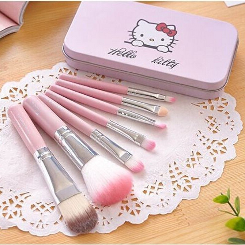 ชุดแปรงแต่งหน้า Hello Kitty กล่องสีชมพู 7 ชิ้น พกพาสะดวก makeup brush