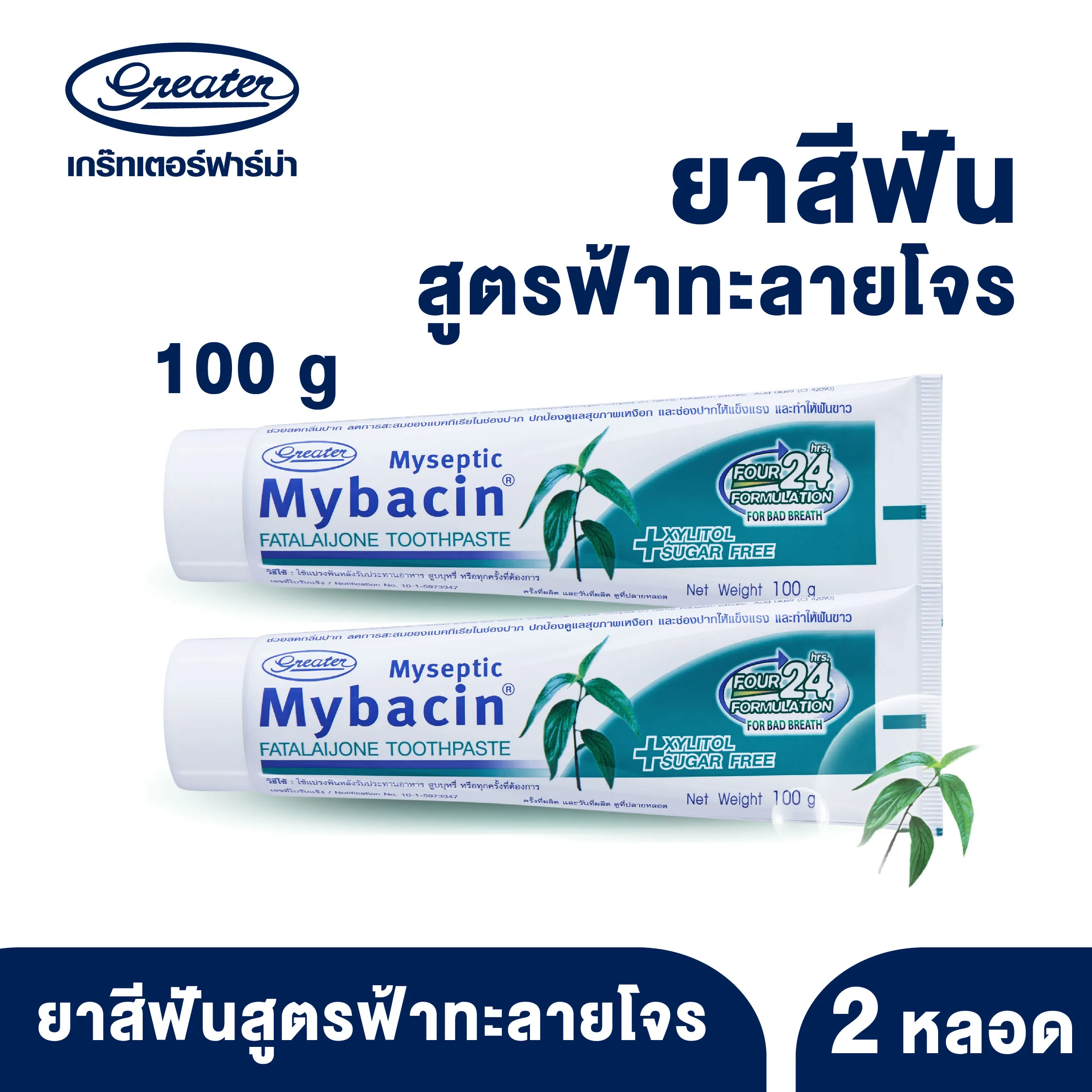 ยาสีฟัน สูตรฟ้าทะลายโจร มายบาซิน100 กรัม MyBacin Fatalaijone Toothpaste 100g (แพ็ค 2 หลอด)_Greater เกร๊ทเตอร์ฟาร์ม่า