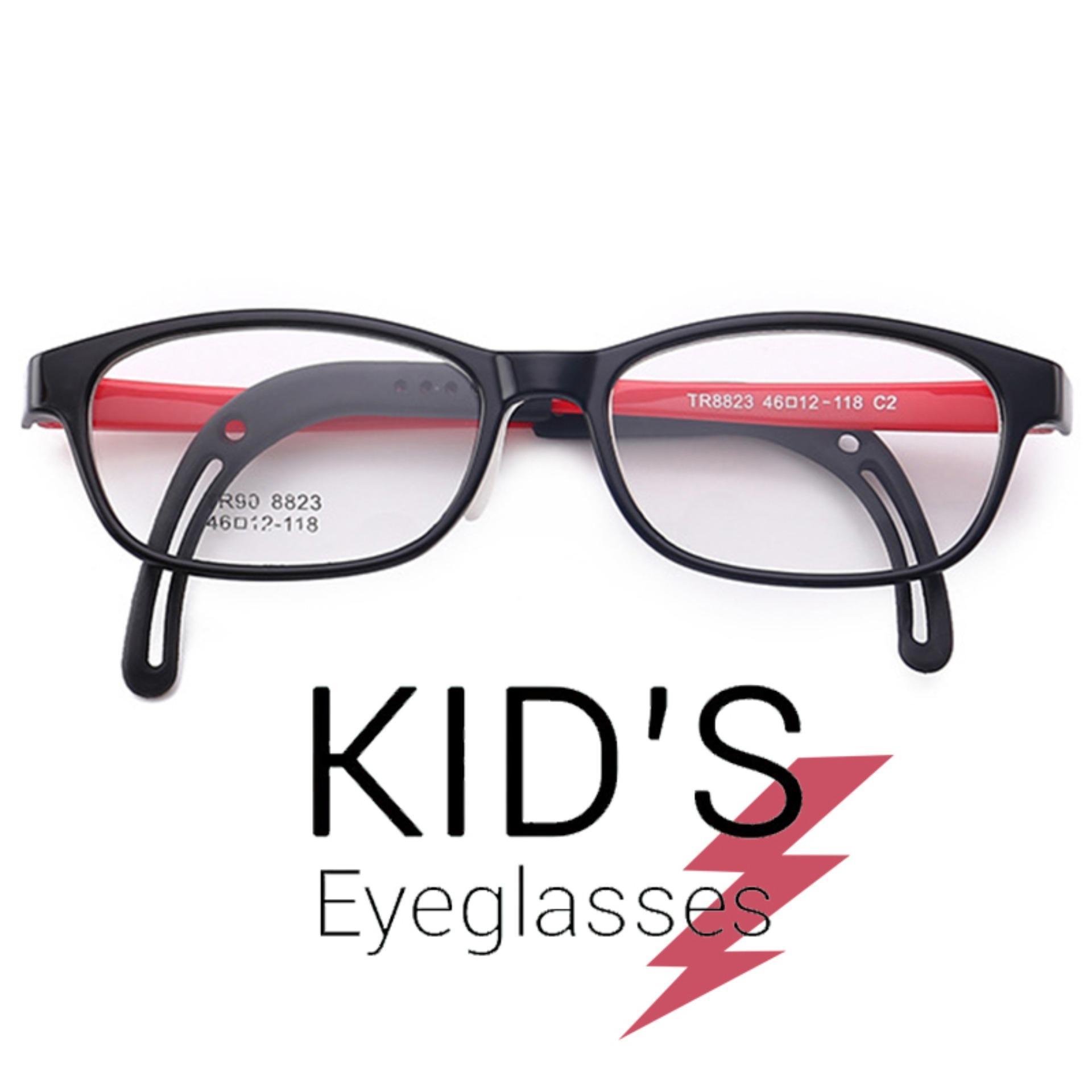 แว่นตาเกาหลีเด็ก Fashion Korea Children แว่นตาเด็ก รุ่น 8823 C-2 สีดำขาแดง กรอบแว่นตาเด็ก Square ทรงสี่เหลี่ยม Eyeglass baby frame ( สำหรับตัดเลนส์ ) วัสดุ TR-90 เบาและยืดหยุนได้สูง ขาข้อต่อ Kid eyewear Glasses