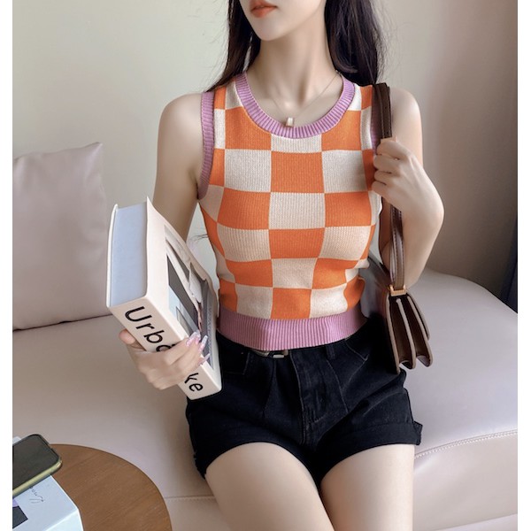 (2545)เสื้อครอปแขนกุดไหมพรมknit ทอลายตารางสลับสี สไตล์ฮิปสเตอร์สุดชิค ...