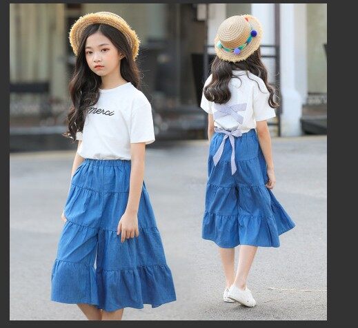 #ชุดเด็กโตผู้หญิงแฟชั่นสไตล์เกาหลีเซ็ต2ชิ้นเสื้อยืด+กางเกงกระโปรงยีนส์4-12ปี