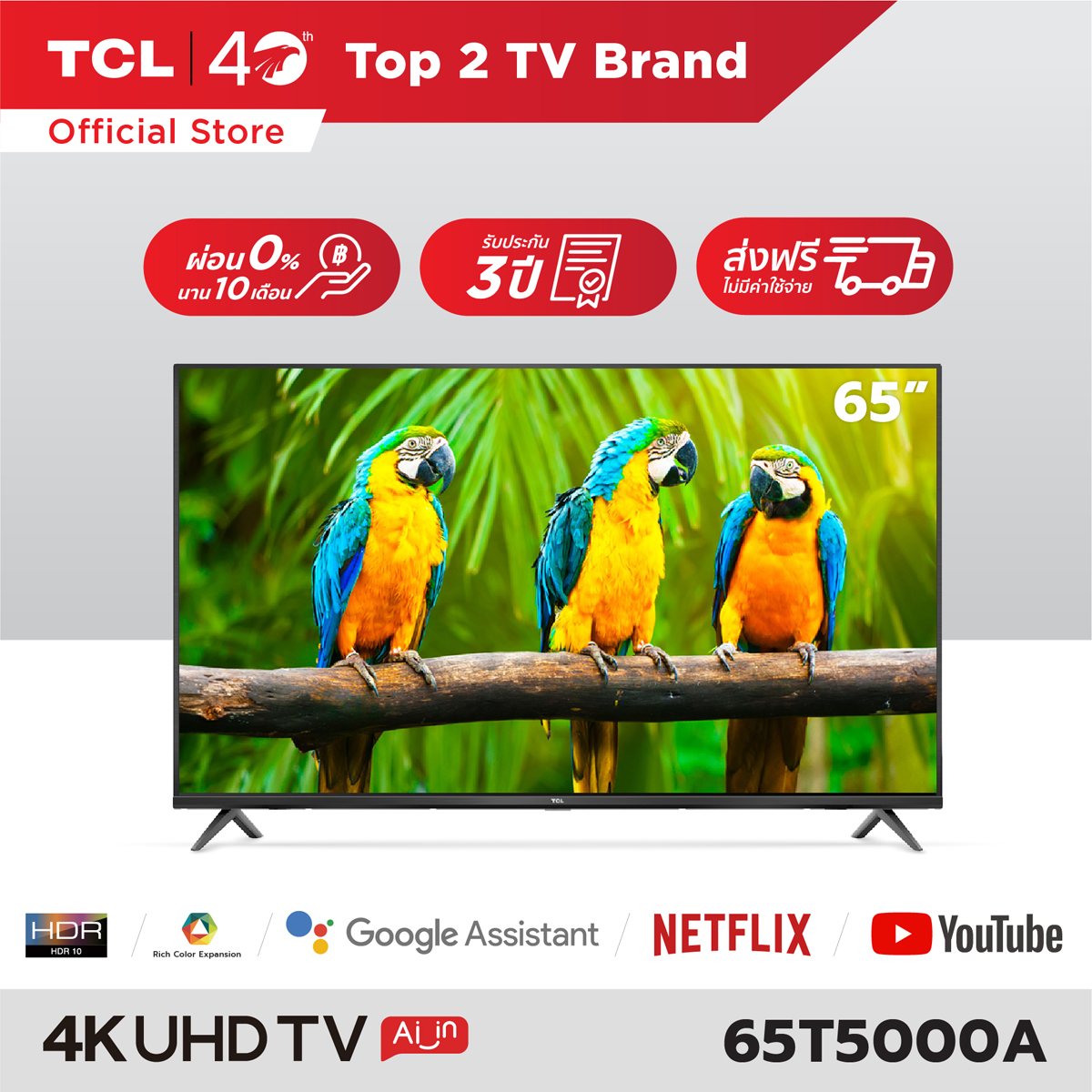 4K BEST SELLER [ผ่อน 0% นาน 10 เดือน] NEW! TCL ทีวี 65 นิ้ว LED 4K UHD Android TV 9.0 Wifi Smart TV OS (รุ่น 65T5000A/J7000A) Google assistant & Netflix & Youtube-2G RAM+16G RO