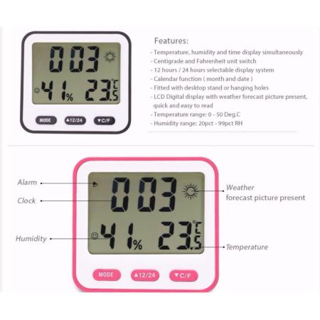นาฬิกดิจิตอล ตั้งปลุก แสดงอุณหภุูมิ เป็นองศา/ฟาเรนไฮต์ แสดงความชื้น% แสดงเวลา 12/24 ชม. ตั้งวัน/เดือน