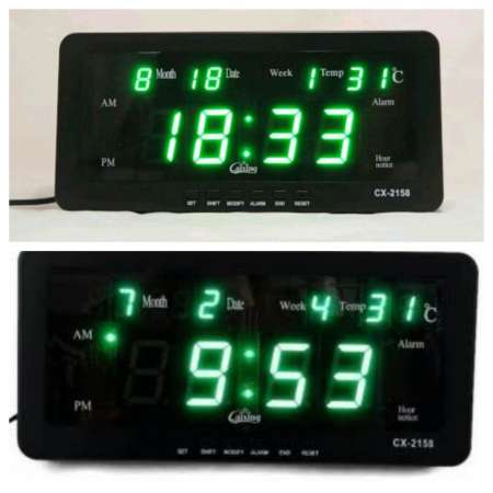 Caixing นาฬิกาดิจิตอล ตั้งโต๊ะ ติดผนัง ใช้ไฟบ้าน + รถยนต์ รุ่น CX - 2158 ตัวเลขสีเขียว