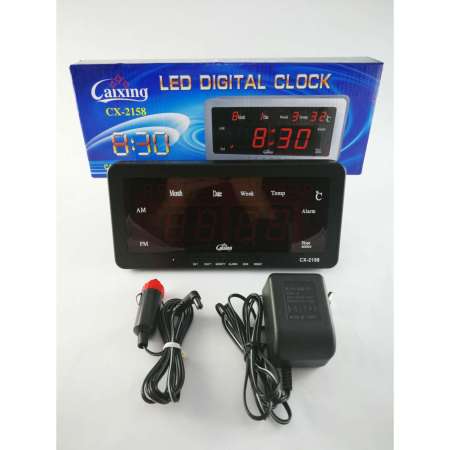 Caixing นาฬิกาดิจิตอล ตั้งโต๊ะ ติดผนัง ใช้ไฟบ้าน + รถยนต์ พร้อมอุปกรณ์ครบชุดรุ่น รุ่น CX - 2158 ตัวเลขสีแดง
