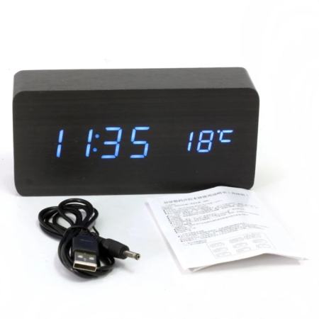 EDWING  ไม้แบบไม้ USB/AAA สีน้ำเงินนาฬิกาปลุก Led ปฏิทินเครื่องวัดอุณหภูมิสีดำ