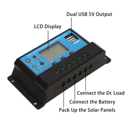 Foco 30A PWM จอแสดงผลแบตเตอรี่พลังงานแสงอาทิตย์แบบ Dual USB Controller