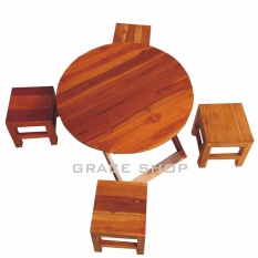 Grace shop โต๊ะญี่ปุนพร้อมเก้าอี้ไม้สักทองแท้ 100 % โต๊ะเก้าอี้ไม้สักทองอเนกประสงค์ ท๊อปกลม แพ็ค4ตัว (สีไม้สักทองแท้)