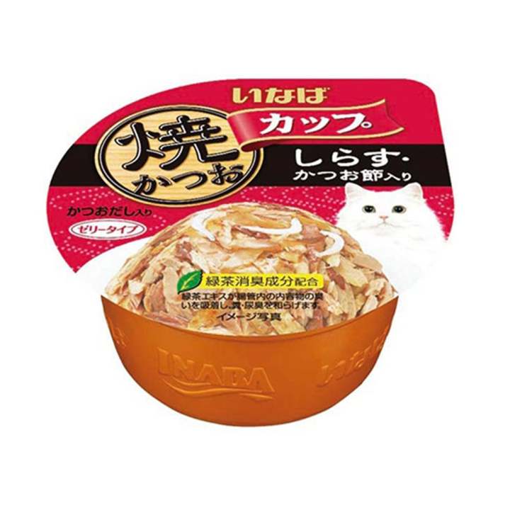 Inaba ยากิคัตซึโอะ คัพปลาโอย่าง อาหารแมวชนิดเปียก สูตรปลาข้างสารและปลาโอ ในน้ำเกรวี่ ขนาด 80 g. (12ถ้วย)
