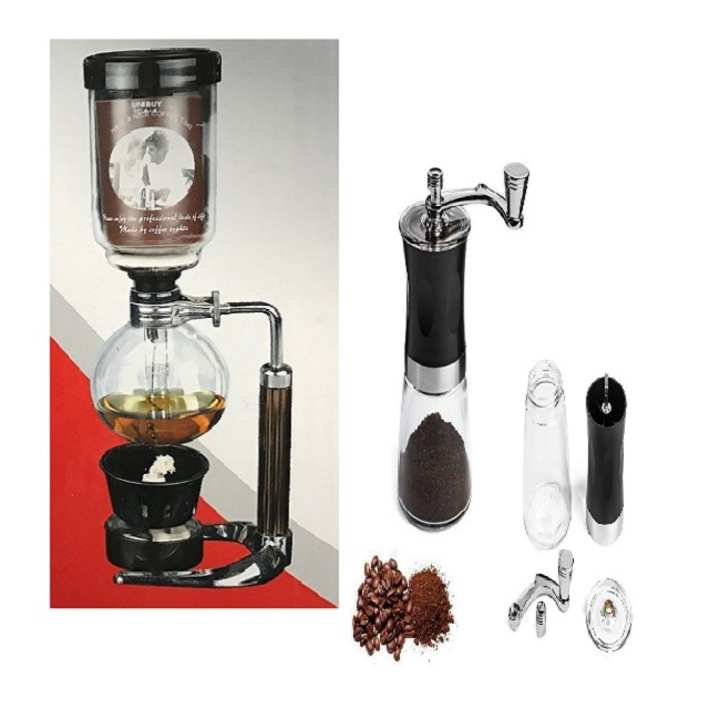 lookgoods เครื่องชงกาแฟสดแบบญี่ปุ่น syphon kettle 3-5 cup และที่บดกาแฟชนิดมือหมุนสีดำขวดแก้วใส