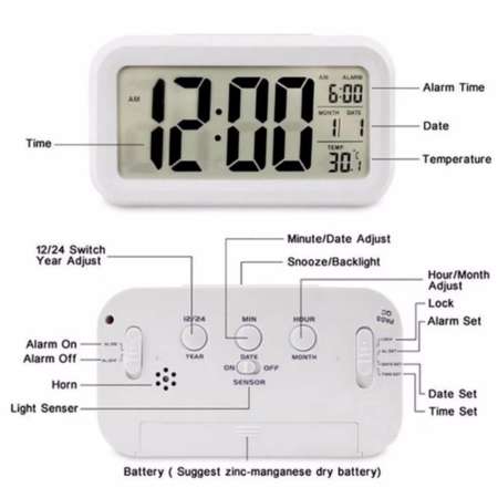 นาฬิกาปลุกตั้งโต๊ะตัวใหญ่ จอเรืองแสง(สีขาว)พร้อมถ่าน AAA 3 ก้อน